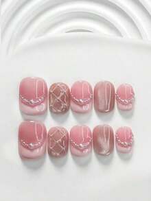 10pcs/Set Valentine's Day Handmade Nail Art Kit, Includes White Flower & Bow Decor, White & Red Gel Nails, French Polka Stickers, Heart Painting, Silver Beads Embedded, 3 Sizes Available: Almond/Square/Coffin Shape, With Set, Suitable Sweet Ladies & Girls, Valentine's Day/Party/Daily Wear Nail Supplies Handmade Press On Nails - 多色 25 - 查看 3