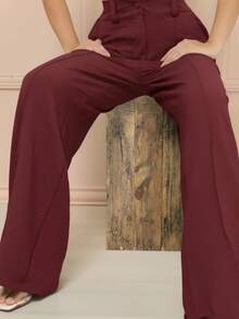 Wide-Leg Trousers In Duna Fabric With Elastic Waistband, Satin Finish, Zipper, And Pockets. Office Style. - Màu Đỏ Sâu - Xem 7