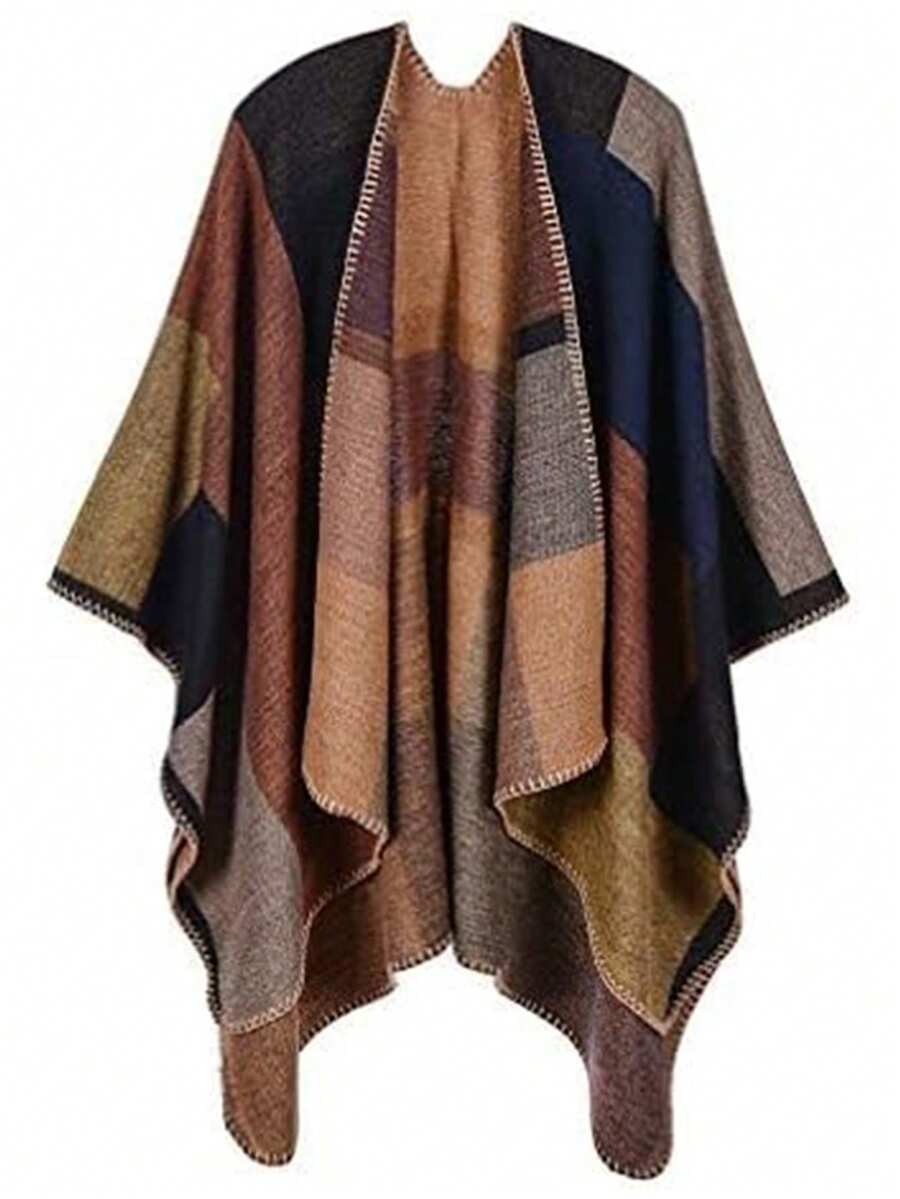 Pahajim Women's Soft Knitted Shawl Wrap, Lightweight Spring Autumn Scarf Cape For Daily Wear & Travel - Checkered Khaki - View 1