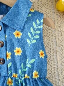 夏日多巴胺连衣裙，蓝色底色配黄色花朵图案+Polo领，女童活力连衣裙 - 藍色 - 查看 4