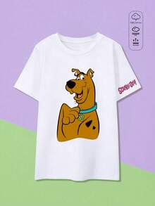 Elourie SHEIN X SCOOBY-DOO Damen einfarbiges Rundhals Kurzarm lockeres T-Shirt, 100% Baumwolle Top, lustiger Cartoon Welpen Muster weißes T-Shirt, Urlaub - Weiss - Übersicht 1