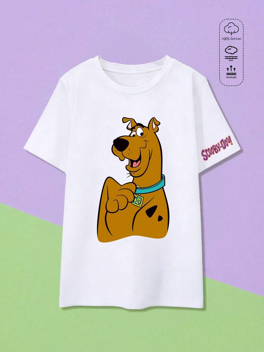 Elourie SHEIN X SCOOBY-DOO Damen einfarbiges Rundhals Kurzarm lockeres T-Shirt, 100% Baumwolle Top, lustiger Cartoon Welpen Muster weißes T-Shirt, Urlaub - Weiss - Übersicht 1