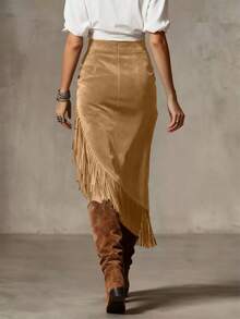 New Vintage Western Style Fringed Asymmetrical Zipper Closure Solid Color Casual Skirt For Women Spring - Khaki - View 2