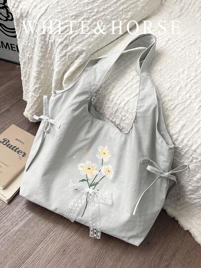 Artistic Lace Floral Embroidery Tote Bag, Large Capacity Lace-Up Shoulder Bag For Women, Commuting