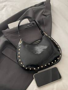 Fashionable Retro Punk Rivet Shoulder Bag, Large Capacity Dumpling-Shaped Underarm Bag, Versatile Handbag For Women - Black - View 3