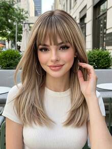 Tóc giả ombre nâu dài trung bình 16 inch có mái, được làm từ sợi tổng hợp chịu nhiệt, dễ đội và dễ bảo quản, phù hợp cho phụ nữ sử dụng hàng ngày, đi nghỉ lễ, dự tiệc và hóa trang. - Màu nâu ombre - Xem 2