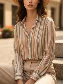 YUXIN Vintage Contrast Vertical Striped Button-Up Shirt, Women's Loose Stand Collar Top, Fashionable & Elegant Apparel For All Seasons Spring - Green - View 9