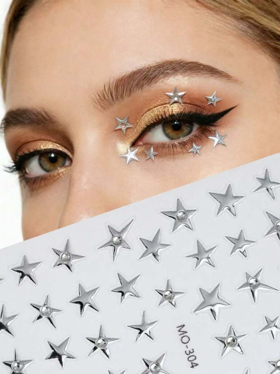 1pc Silver Star Face Sticker | Rhinestone Glitter Eye Makeup Decor, 3D Pentagram Sticker, Create Y2K Sweet Makeup, Music Festival Photo Atmosphere, Y2K, Kpop, Face Glitter, Carnival, Face Sticker, 3D Sticker, Face Jewel, Decorative Sticker - Multicolor - View 1