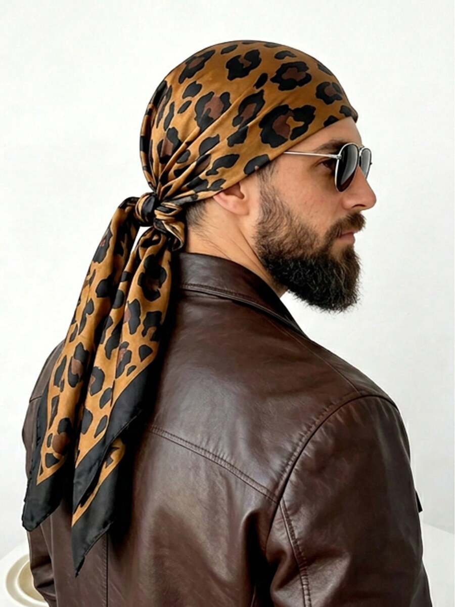 1 pieza Pañuelo cuadrado de 90 cm con estampado de leopardo vintage, pañuelo adecuado para salidas casuales y de moda, diadema, protección contra el viento y el sol al aire libre, perfecto para estilizar, vacaciones, viajes, festivales - café negro - Ver 1