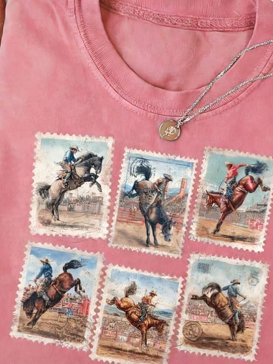 Vintage Washed Cotton Women's T-Shirt, Western Rodeo Cowboy Wild Horse Stamp Print Retro Casual Streetwear Top, Versatile Summer&Autumn Daily Wear Tee - 玫紅色 - 查看 1