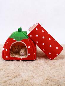 2 piezas Cama de hámster con patrón de fresa, escondite de conejo, nido cálido lavable para mascotas pequeñas con túnel para cobayas, set de accesorios de jaula de escondite para conejos, adecuado para hámsteres, hurones, conejos - Rojo - Ver 1