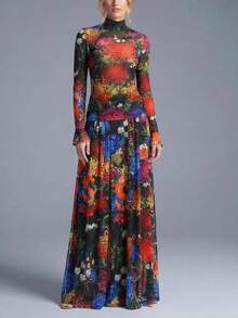 Bộ đồ DOUCIU 2 món gồm áo tay dài xuyên thấu in hoa và chân váy maxi, phong cách đi biển. - Nhiều màu - Xem 1