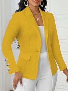 Women's Fashion Elegant Yellow Knit Lapel Long Sleeve Regular Fit Jacket With Button And Faux Pocket Detail Design - Yellow - View 4