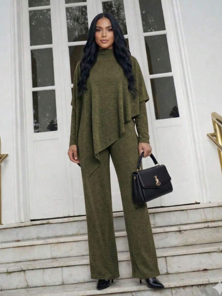 Winter 3-Piece Set, Pants + Blouse + Poncho. Women's Fashion, Warm, Modern, Casual, Afternoon Tea. REF: Alana Set - 軍綠色 - 查看 1