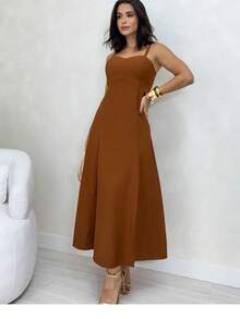Elegant Strappy Midi Dress With A-Line Cut And Waist Adjustment With Lined Cups - Rust Brown - View 2