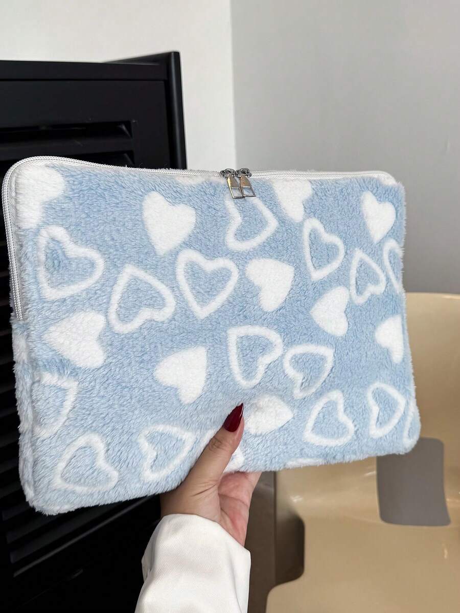 1 Stück einfarbige minimalistische Luxus Laptop-Hülle für Studenten, 11"/13"/15" Laptop & Tablet Aufbewahrungstasche, Herzmuster Plüsch Lässig Unisex Tablet Schutzhülle, Innentasche, kleine Dokumententasche, Laptop Tragetasche, kompatibel mit iPad Air 4 5 Pro, stoßfest - Blau - Übersicht 1