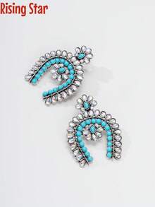 1 Đôi bông tai hình móng ngựa hoa văn phong cách Bohemian cổ điển, màu ngọc lam, quà tặng trang sức kiểu miền Tây cho mẹ. - Bông tai hình móng ngựa - Xem 3