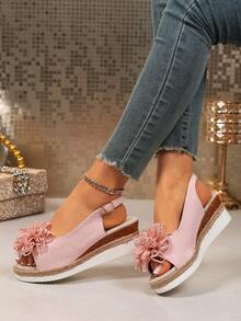 Casual Commute Floral Wedge Sandals For Women, Woven Rope Ankle Strap Open Toe Platform Slides - Pink - View 7