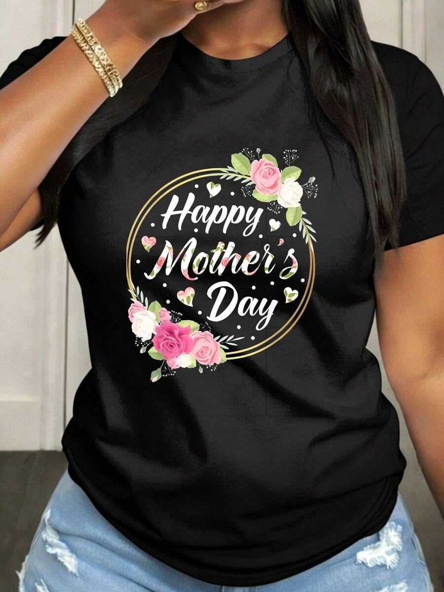 Happy Mother's Day Floral Lightweight Women T-Shirt Casual Short Sleeve Round Neck Top With, Medium Stretch Fabric Suitable For Spring Summer Fall Casual Attire, Machine Washable, Playful Design - 黑色 - 查看 1