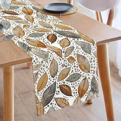 1pc Leaf Polka Dot Table Runner, Seasonal Pattern Tablecloth, Holiday Party Dining Table Decor, Home Kitchen Decoration, Festival Ornament, Gift