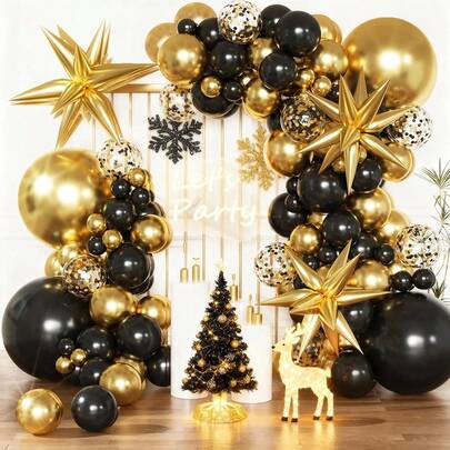134pcs Black And Gold Balloon Garland Arch Kit With Star Foil Balloons For Birthday, Retirement, Anniversary, Graduation, Wedding, Adult Party Decorations