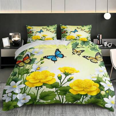 3pcs Natural Wind Floral And Butterfly Print Bedding Set, Including 1 Quilt Cover And 2 Pillowcases. A Great Gift For Friends. Suitable For Single Beds, Double Beds. Multiple Sizes Available. Perfect For Bedrooms, Dormitories, Guest Rooms And Hotel Apartments.