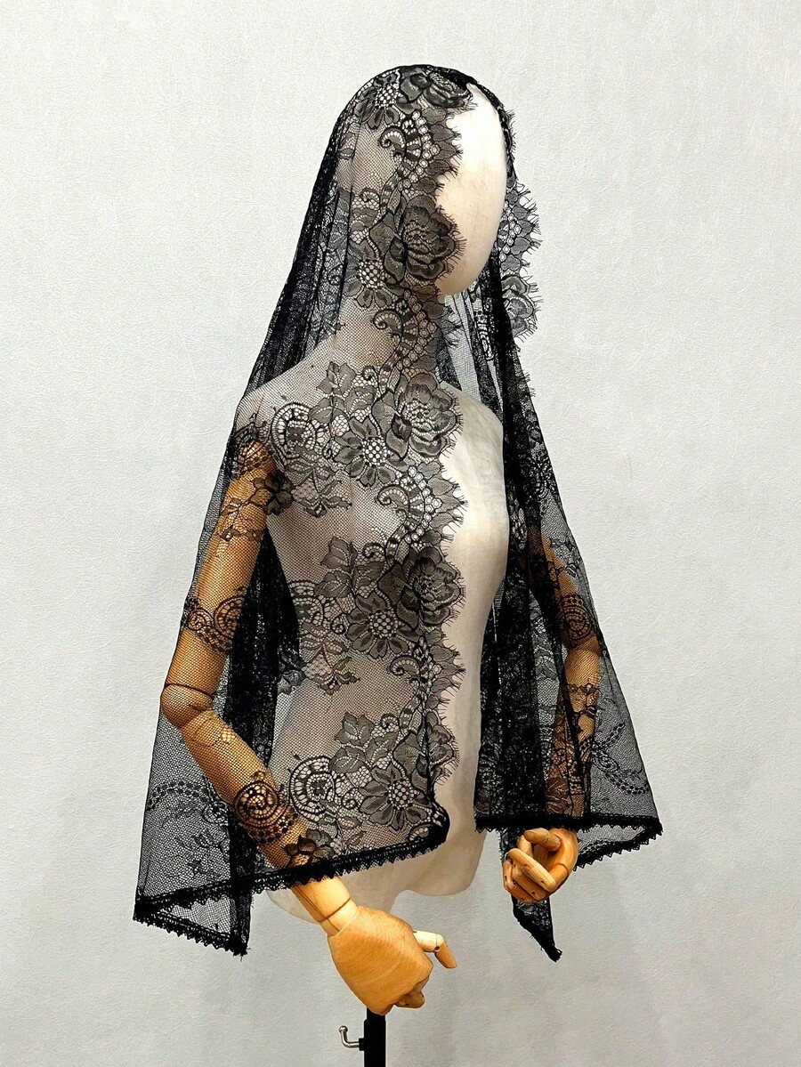 Bride Lace White Shawl Veil Shawl, Black Latin Wedding Veil Halloween Valentine's Day Valentines Autumn Accessories - 黑色 - 查看 1