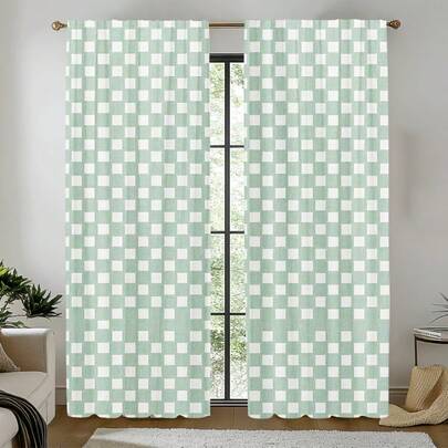 2 Stück mintgrüne karierte Vorhänge mit Kräuselband, bieten Privatsphäre, geeignet für Schlafzimmer, Wohnzimmer, Küche, Arbeitszimmer und Heimdekoration, dekorative Vorhänge