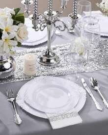 Nervure 350PCS Silver Plastic Dinnerware - White And Silver Disposable Plates For 50 Guests - 100 Disposable Plates, 150 Plastic Silverware, 50 Cups, 50 Napkins For Wedding &Amp; Party - 銀 - 查看 2