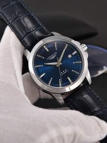 1pc Men's Automatic Mechanical Waterproof Calendar Leather Band Watch, Business & High-End - Blue - View 3