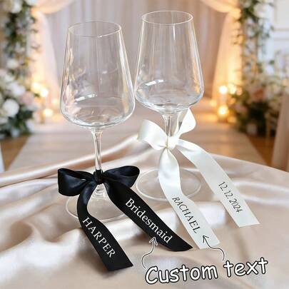 Customized Wedding Personalized Hot Stamped Name, Text, Date Satin Ribbon, With Personalized Name Text, Wine Glass Bow Satin Ribbon, Customized Champagne Glass Satin Ribbon, Name Tag Satin Ribbon, Customized Wedding Name Place Card Satin Ribbon. Suitable For Bridal Shower, Wedding Favors, Wedding Celebration