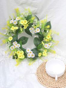 Couronne de marguerites réaliste de haute qualité, nouveau modèle pour la décoration intérieure et extérieure, convient pour la maison, le salon, la cuisine, le bureau, la table à manger, l'encadrement de porte - Jaune et blanc - Voir 3