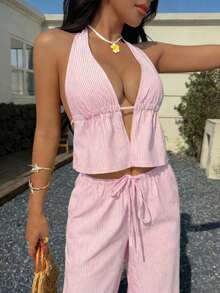 Women's Striped Deep V-Neck Halter Top And Wide Leg Pants Sexy 2 Pieces Set For Dating, Vacation, Outing - Pink - View 2