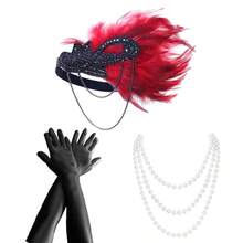 优雅的 1920 年代爵士女郎服装套装——金色水晶羽毛发箍配链条垂饰、黑色长手套和多股珍珠项链，是主题派对、舞会和万圣节服装的理想之选。 - 彩色 - 查看 3