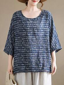 Plus Size Ladies' Holiday Outing Loose Blue Top Pullover, Casual Daily Wear, Batwing Sleeve Short Sleeved Round Neck Regular Edition Shirt, Versatile Regular Length Vacation Summer - Royal Blue - View 2