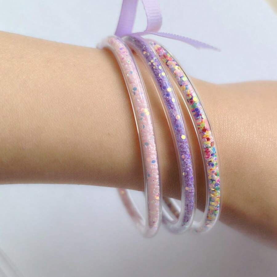 3pcs/Lot Candy Glitter Filled Silicone Jelly Bangles Bracelets Set Mix Color Serenity Prayer Bowknot Bracelet For Women Girls Gift - Sequined Bracelet - View 1