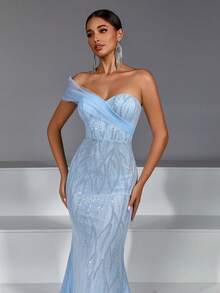 Women's Sequin Slip-Resistant Zipper Back Padded Dress Wedding Party Spring - Light Wash - View 4