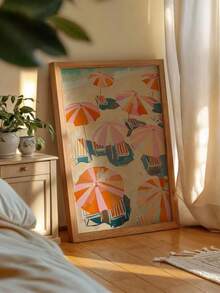 1pc Modern Coastal Style Wall Art - Aerial Beach Landscape With Striped Umbrella, Riviera Italy Print, Soft Summer Decor, Unframed Beach House And Living Room Decorative Poster - Abstract Style a - View 1
