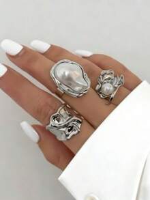 3 piezas Anillos de perlas barrocas asimétricas con textura, anillos apilables de diseño de nicho de dos tonos, anillos de estilo retro de lujo para mujeres - 3 piezas de perlas - Ver 4