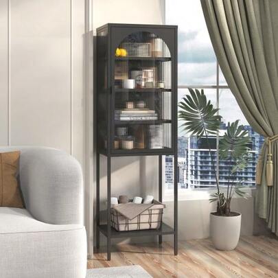 Glass And Metal Display Cabinet With Five-Tier Cube Shelf And Three Adjustable Shelves. Suitable For Kitchen, Dining Room, Living Room, Bathroom, Home Office. Made Of Wrought Iron. Dimensions: 160 Cm * 50 Cm * 35 Cm.