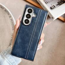 1 pezzo Custodia per telefono pieghevole in pelle PU vintage di alta qualità con cuciture e placcatura, 2 in 1 con vetro temperato, custodia protettiva antiurto completa compatibile con Samsung Galaxy Z Fold 7/6/5/4 - Blu reale - Visualizzare 3