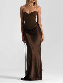 优雅无肩带春夏缎面拼接女士派对夜店连衣裙 - 咖啡棕 - 查看 1