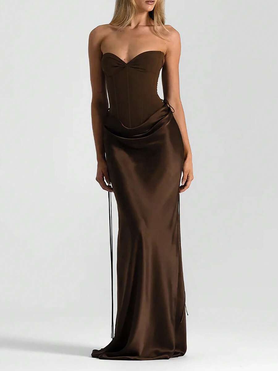 优雅无肩带春夏缎面拼接女士派对夜店连衣裙 - 咖啡棕 - 查看 1
