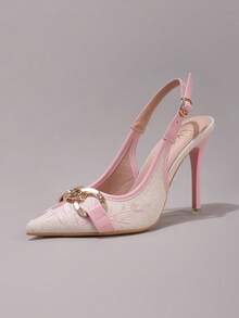 Giày cao gót màu hồng thanh lịch với họa tiết dây xích thêu thời trang, mũi nhọn gợi cảm, phù hợp cho các dịp trang trọng, tiệc tùng và dạ hội. - Hồng - Xem 11