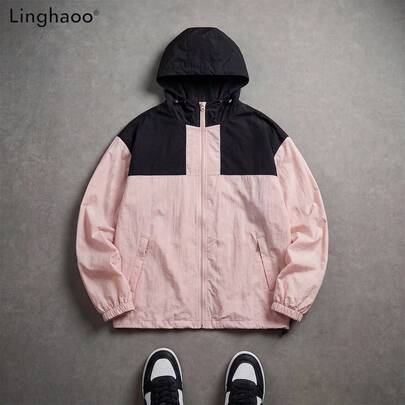 男士夏季户外运动骑行休闲轻便风衣外套，时尚撞色拼接设计