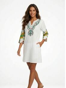 KIARA BRAZIL Short White Dress With Colorful Floral Embroidery - #4010/#4008 - Nhiều màu - Xem 2