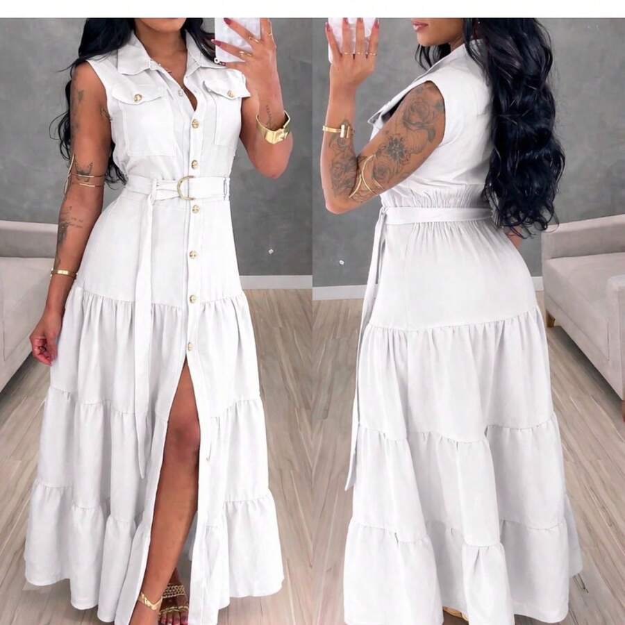 Long Shirt Dress With Buttons And Belt – Elegant And Modern - 白色 - 查看 1