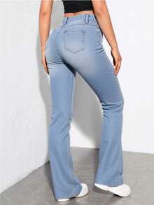Fashionable High-Waisted Dark Blue Jeans With Pockets - Baby Blue - View 2