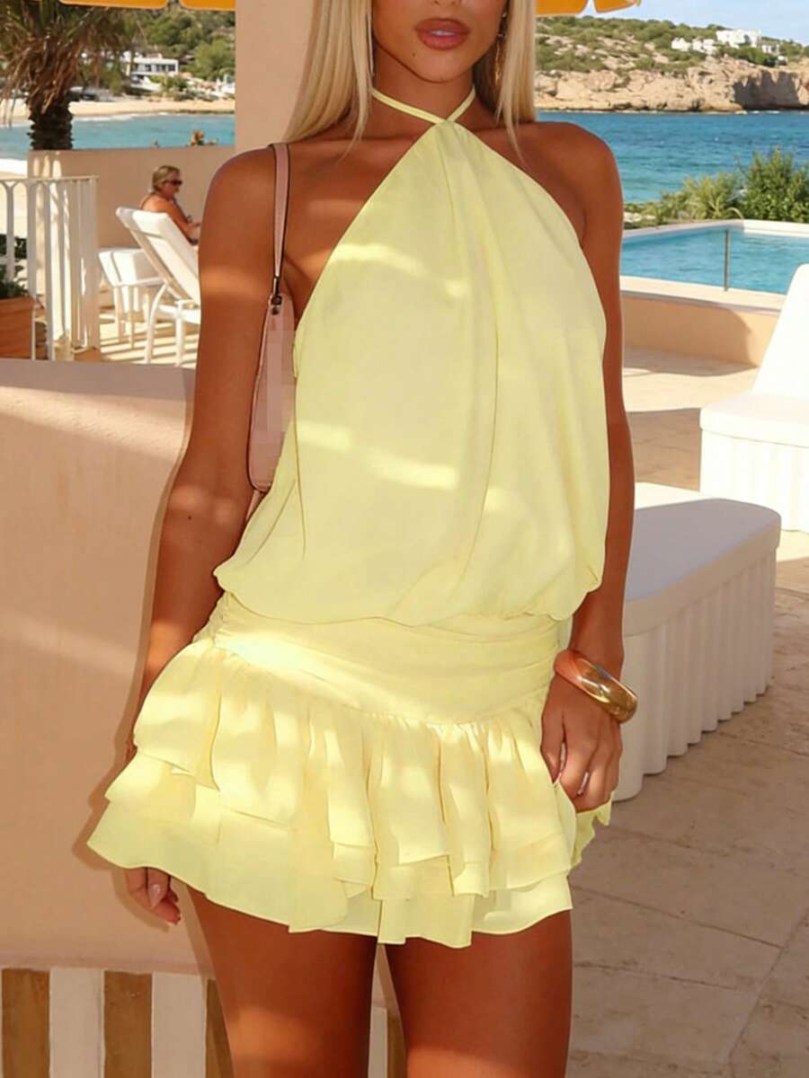 Women Y2k Halter Neck Mini Dress Sleeveless Open Back Tie Sundress ...