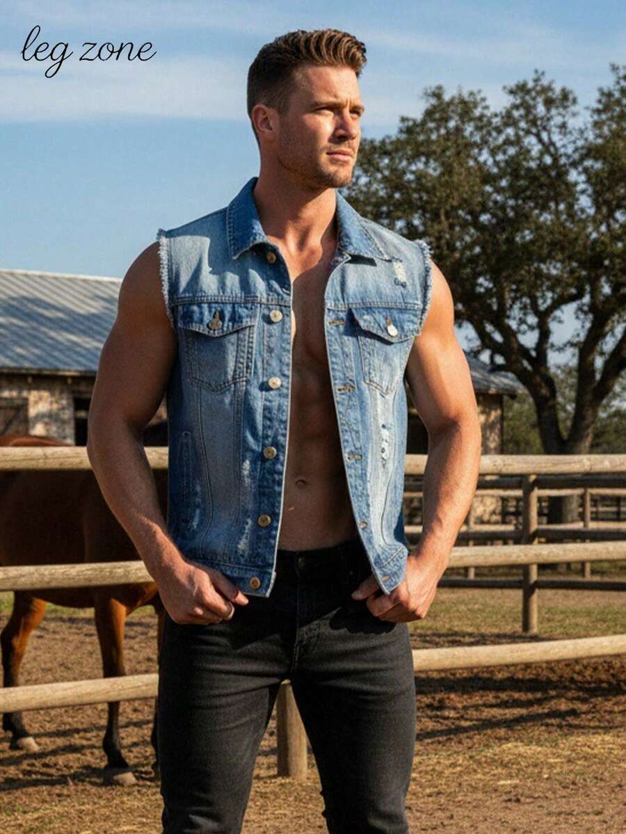 Men's Sleeveless Ripped Denim Vest - Casual Street Style Jacket, Lapel Design, Button Front, Chest Pocket, Suitable For All Seasons, Rugged Denim Style | Durable Ripped Denim Jacket | Sleeveless Jacket | Streetwear - Màu xanh lam - Xem 1